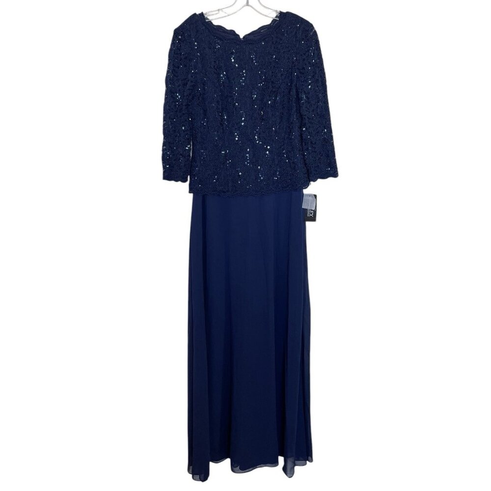 Alex Evenings Dress Womens Size 8 Blue Sequin Lace Chiffon